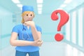 Woman doctor in the medical interior of the hospital and a question mark. Problem, solution, trouble. Cartoon person. 3D rendering Royalty Free Stock Photo