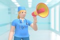 Woman doctor in medical interior hospital is shouting, shouting, speaking megaphone, attention, warning. Cartoon person. 3D