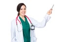 Woman doctor with pen point up Royalty Free Stock Photo