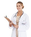 Woman, doctor and portrait with checklist in studio for medical service, assessment and consultation. Professional or