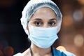 Woman, doctor and portrait with face mask in night at workplace, hospital and career vision on nightshift by window Royalty Free Stock Photo