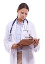 Woman, doctor and reading policy on clipboard for healthcare on a white studio background. Face of female person Royalty Free Stock Photo