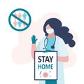 Woman doctor recommends stay home. Cartoon female character in white coat and protective mask. Ban on mass events