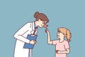 Woman doctor with red nose leans towards little girl for concept treating in pediatric clinic