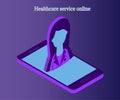 Woman doctor, smartphone, 3d isometric 2 violet