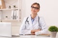 Woman Doctor Smiling Sitting At Workplace In Clinic Office Royalty Free Stock Photo