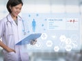 Woman doctor stand at hospital. hand holding prescription