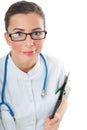 Woman doctor with stethoscope and clipboard