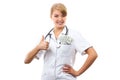 Woman doctor with stethoscope and currencies dollar showing thumbs up, corruption, bribe or paying for care concept Royalty Free Stock Photo