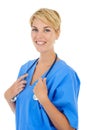 Woman, doctor and stethoscope for heartbeat and portrait for cardiovascular health in studio by white background