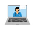 Woman doctor with stethoscope on the screen, concept of online diagnostics, vector illustration in flat style. online medical appl