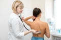 Woman doctor therapist listening with a stethoscope to a back, young female patient Royalty Free Stock Photo