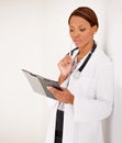 Woman, doctor thinking and medical charts for hospital schedule, management or results with solution or idea. African