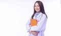 Woman doctor in uniform with stethoscope holding clipboard isolated on white background. Royalty Free Stock Photo