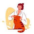 Woman doctor veterinarian cleans heals cat ears. Taking care of grooming for pets. Vector illustration in flat cartoon