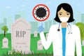 Woman doctor warn about coronavirus pandemic. Increased mortality at virus. Cartoon cemetery,tombstones