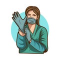 Woman doctor wearing hand glove ready to surgery isolated white background