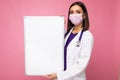 Woman doctor wearing a white medical coat and a mask holding blank board with copy space for text isolated on background Royalty Free Stock Photo