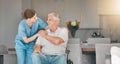 Woman, doctor and wheelchair in elderly care for support, trust or nursing in retirement or old age home. Female nurse Royalty Free Stock Photo