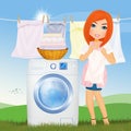 Woman does laundry with washing machine in the outdoor lawn