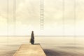 Woman does not know if climb up a staircase from the sky to a disenchanted destination