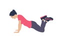 A woman does push-ups from her knees, a girl does sports or yoga in sports clothes. Useful active recreation, vector