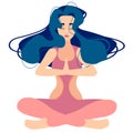 A woman does yoga. Lotus meditation pose. Beautiful hair and body. Red tightening sports suit. Vector flat illustration