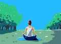 A woman does a yoga lotus pose in an early summer park surrounded by blue skies, trees, and grass. A woman meditating Royalty Free Stock Photo