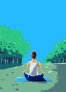 A woman does a yoga lotus pose in an early summer park surrounded by blue skies, trees, and grass. A woman meditating Royalty Free Stock Photo