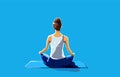 A woman does a yoga lotus pose. A woman meditating. Woman doing yoga or pilates.Blue Background. Royalty Free Stock Photo