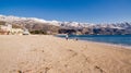 Woman with the dog on beach in winter Royalty Free Stock Photo