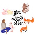 Give hugs more often. People and animals Royalty Free Stock Photo