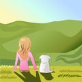 The woman and dog on the hills