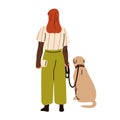 Woman, dog owner standing with doggy, sitting on leash, back view. Female character and puppy, canine animal from behind