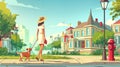 Woman with dog on pavement walk in town near park in summer on a city street sidewalk illustration background. Cartoon Royalty Free Stock Photo