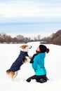 Woman and dog playing in the snow, walk in a winter landscape Royalty Free Stock Photo