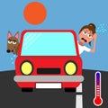 Woman and dog sticking their heads out of red car and sweating in hot weather