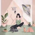 dog cartoon woman body sport fitness yoga lifestyle training home happy. Generative AI. Royalty Free Stock Photo