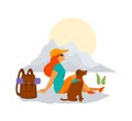 Woman and dog traveling hiking together Royalty Free Stock Photo