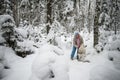 Woman with a dog on walk in a winter wood Royalty Free Stock Photo