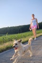 Woman with a dog walking down a gravel street Royalty Free Stock Photo