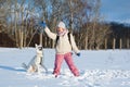 The woman with a dog in winter walk Royalty Free Stock Photo