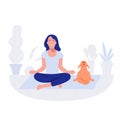 Woman and dog yoga. Healthy lifestyle, working out, exercising.