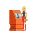 Woman doing ATM machine money deposit or withdrawal vector Illustration Royalty Free Stock Photo