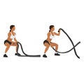 Woman doing battle rope squatting alternating waves