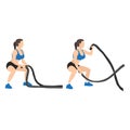 Woman doing battle rope squatting alternating waves