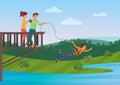 Woman doing bungee jumping with the friends vector illustration.