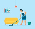 Woman doing chores at home. Housewife cleaning the floor with mop and mop bucket