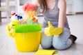 The woman doing cleaning at home