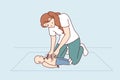 Woman doing CPR massage to infant providing first aid for heart attack or insult. Royalty Free Stock Photo